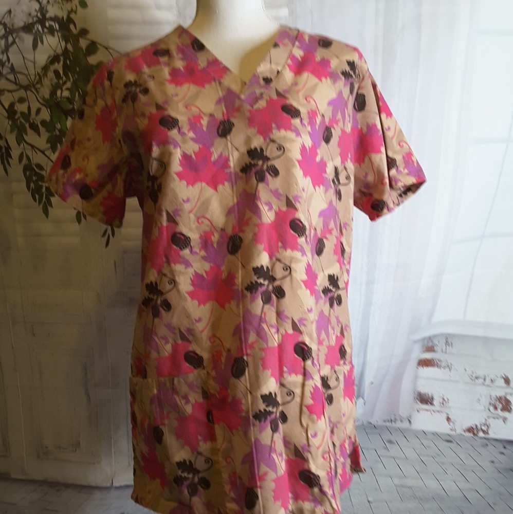 Carol's Scrubs pink fall leaves scrub top